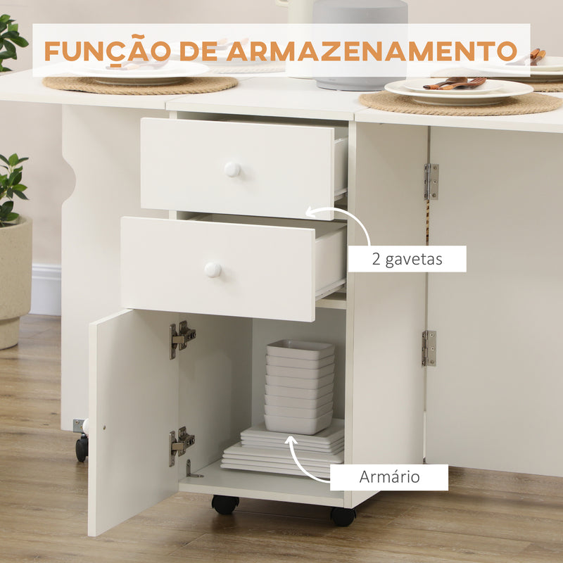 Mesa de Cozinha Dobrável Mesa de Cozinha Extensível Laterais Dobráveis com 6 Rodas e 2 Gavetas de Armazenamento de Estilo Moderno 120x80x75 cm Branco