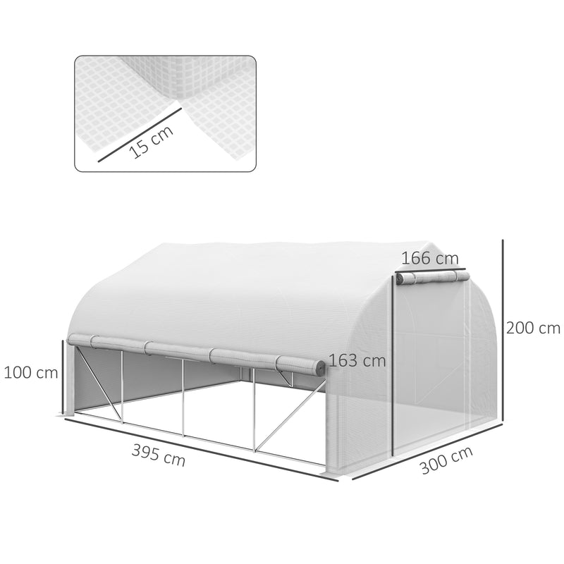 Estufa Tipo Túnel 395x300x200 cm com Porta de Malha e 8 Janelas Estufa de Jardim com Porta e Janelas Enroláveis e Cobertura de PE para Cultivos de Plantas Verduras Branco