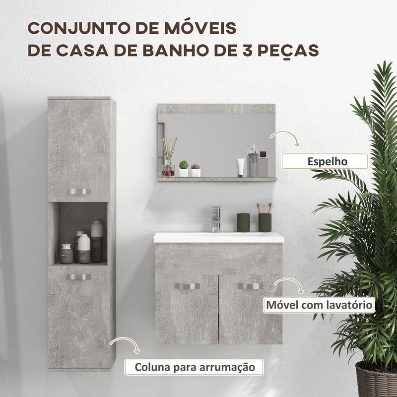 Conjunto de Móveis para Casa de Banho de Parede 3 Peças Inclui Espelho com Prateleira Móvel com Lavatório Cerâmico e Coluna de Casa de Banho Estilo Moderno Cinza