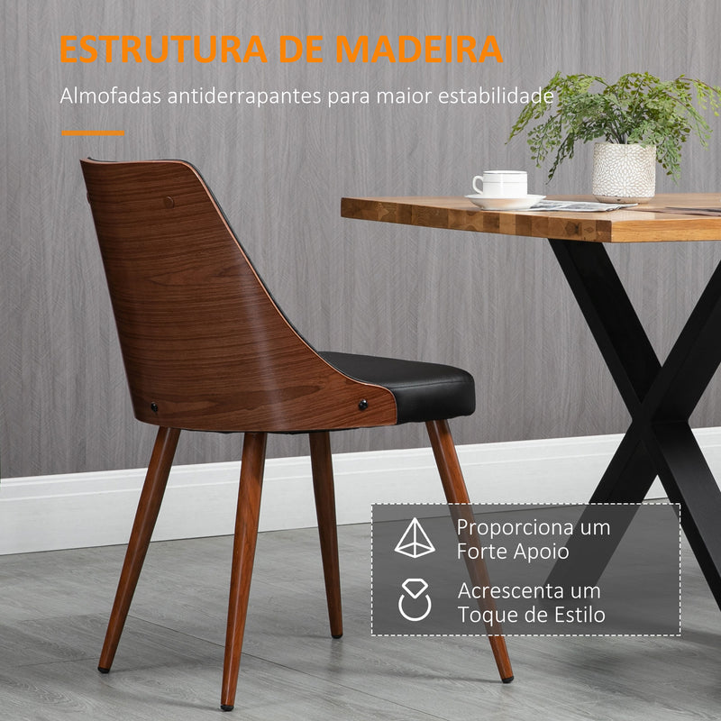 Conjunto de 2 Cadeiras de Sala de Jantar Cadeiras de Cozinha com Assento Estofado em PU e Pés de Madeira para Escritório Dormitório Carga Máxima 120kg 50,5x59x82cm Preto e Nogueira