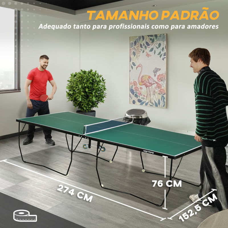 Mesa de Ping Pong Dobrável para Interiores e Exteriores Mesa de Ping Pong Profissional Tamanho Padrão com Rede Raquetes e 3 Bolas 274x152,5x76 cm Verde