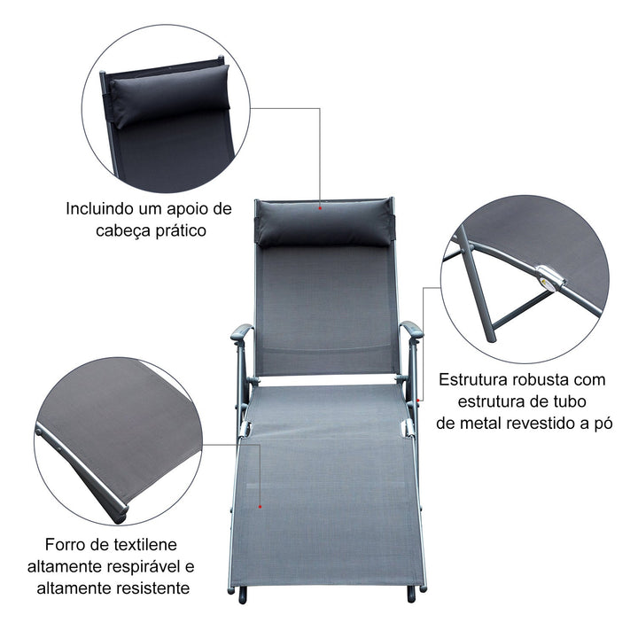 Dobrável Espreguiçadeira Encosto Ajustável para 7 Níveis com Travesseiro Resistente ao Textilene Relaxar na Piscina Exterior Terraço Camping 137x63,5x100,5 cm Aço