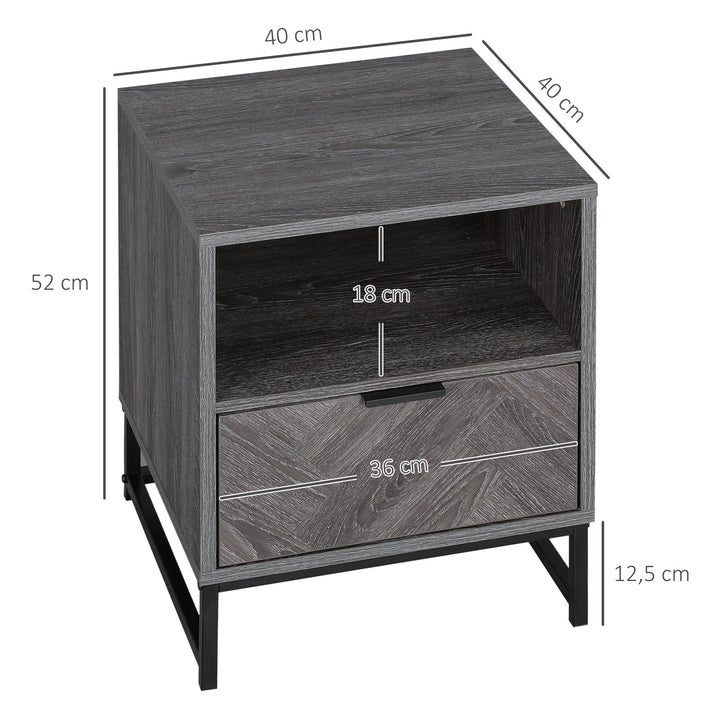 Mesa de Cabeceira com 1 Gaveta Prateleira Aberta e Pés de Aço Mesa de Cabeceira para Dormitório Sala de Estar Escritório Estilo Moderno 40x40x52cm Cinza Escuro