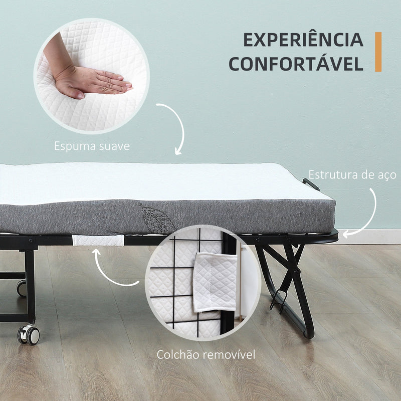 Cama Dobrável 200x90x42,5cm Cama de Campismo Portátil com Colchão Individual Rodas e Freios Carga Máxima 150kg para Dormitórios Branco