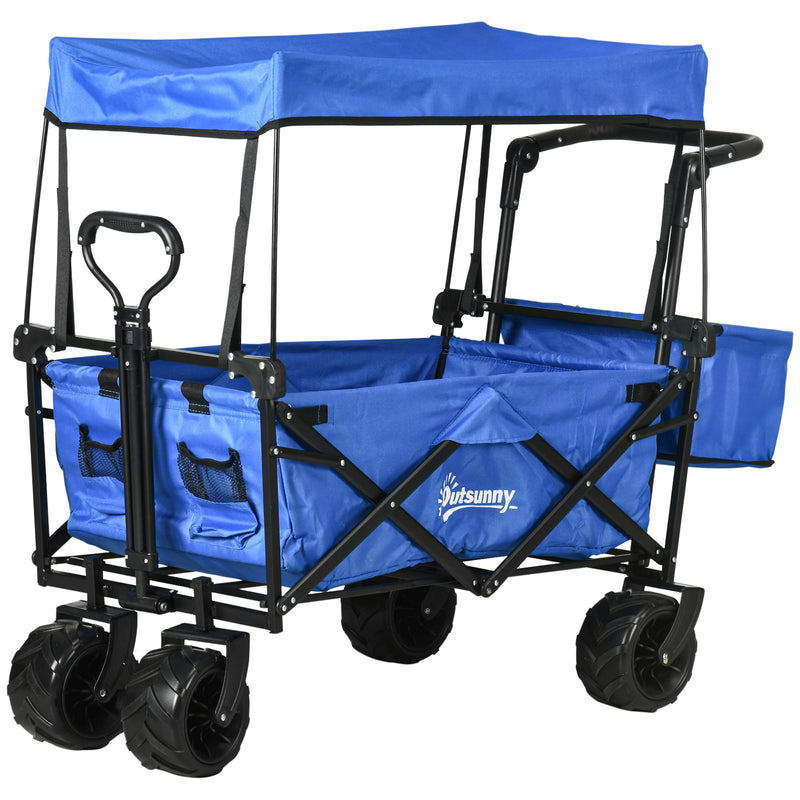 Carrinho de Transporte Dobrável para Praia Campismo Viajem com Toldo Guiador Rodas Altura Ajustável Carga Máxima 68kg 117x55x98 cm Azul