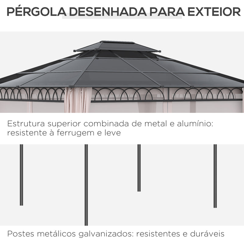 Pérgola de Jardim 3,6x3m Pérgola de Exterior com Teto Duplo de Policarbonato 4 Cortinas Laterais Mosquiteiras com Zíper e Estrutura de Alumínio para Pátio Festas Preto Cinza e Cáqui