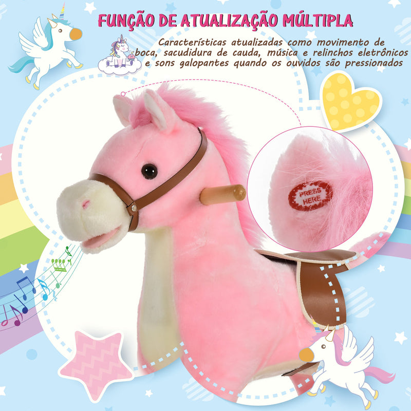 Cavalo de balanço para crianças acima de 36 meses Com boca e cauda móveis Música 65x32,5x61 cm Rosa