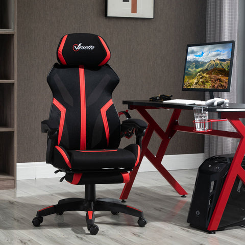 Cadeira de Gaming com Apoio para os Pés Retrátil Cadeira de Escritório Reclinável com Apoio para a Cabeça e Altura Ajustável 65x65x119-129cm Preto e Vermelho