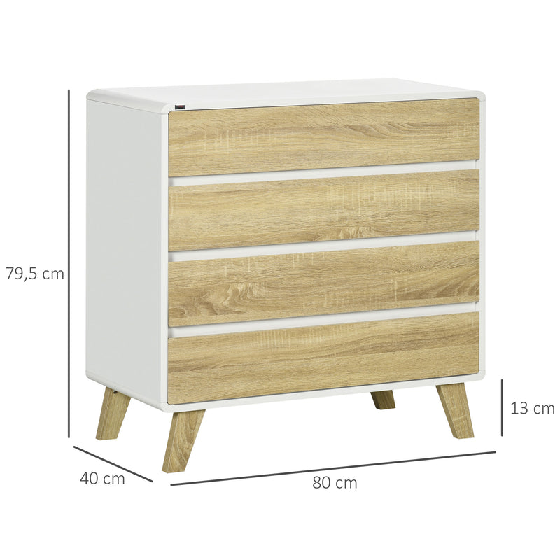 Cómoda com 4 Gavetas de Madeira Cómoda com Pés Elevados para Sala de Estar Dormitório Escritório 80x40x79,5cm Carvalho e Branco