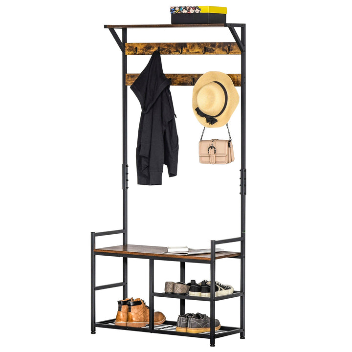 Cabide com estante de sapatos Cabide de entrada com 3 prateleiras 9 ganchos Pernas ajustáveis ??de estilo industrial 84x34,5x180 cm Preto e marrom