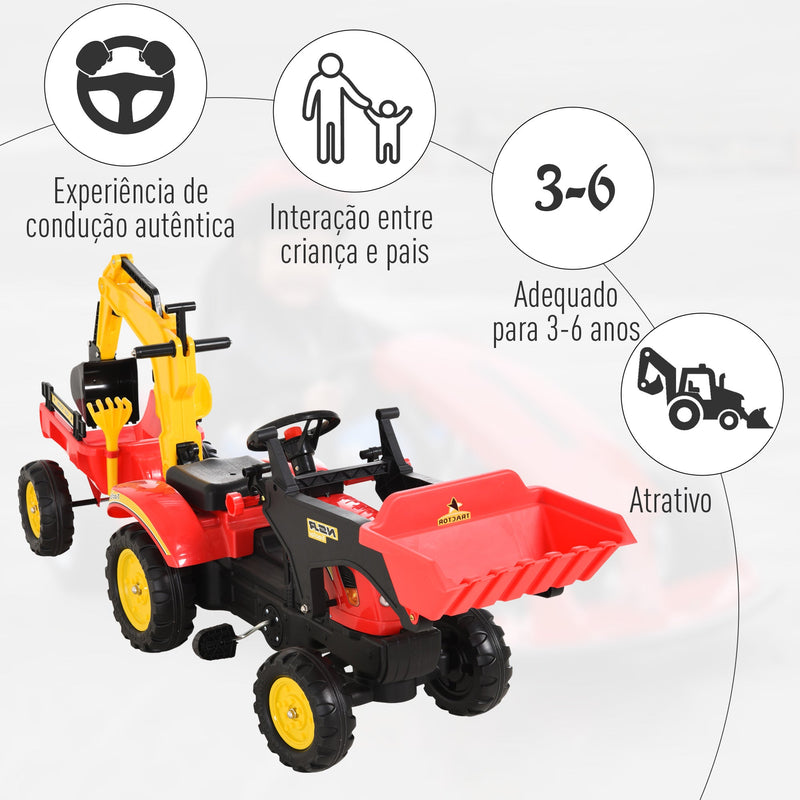 HOMCOM Trator a Pedais para Crianças acima de 3 Anos Trator Infantil com  Reboque e Pá Escavadora 167x41x52 cm Amarelo e Preto