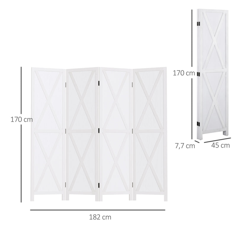 Biombo de 4 Paineis Separador de Ambientes Dobrável 182x170cm Divisória para Espaços de Madeira Decoração Elegante para Dormitório Sala de Estar Branco