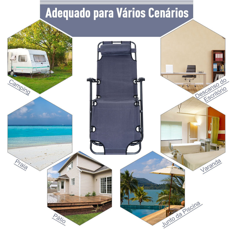 Espreguiçadeira Reclinável Dobrável com Encosto Ajustável Apoio de Braço e Apoio para os Pés Carga 136 kg 135x60x89cm Cinza