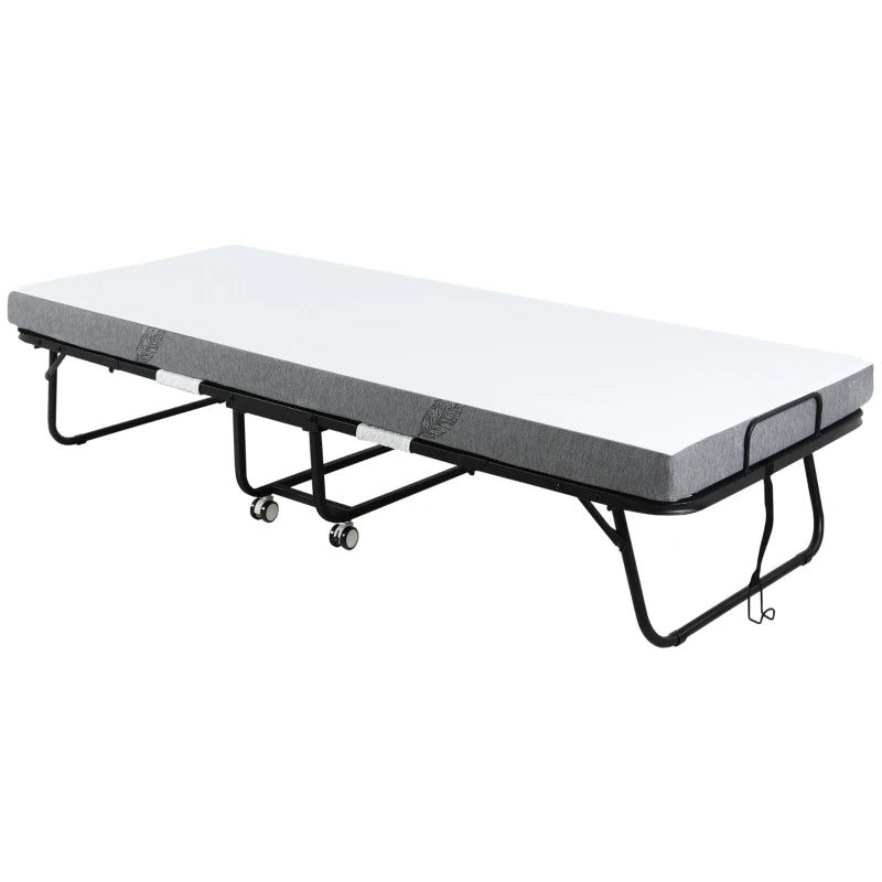 Cama Dobrável 200x75x42,5cm Cama de Campismo Portátil com Colchão Individual Rodas e Freios Carga Máxima 150kg para Dormitórios Branco