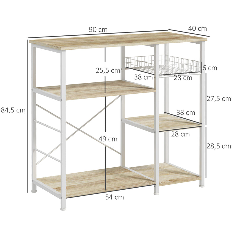 Estante de Cozinha Moderna Estante de Cozinha com 1 Cesto 4 Ganchos em S 6 Pés com Almofadas Ajustáveis e Prateleiras 90x40x84,5 cm Carvalho e Branco