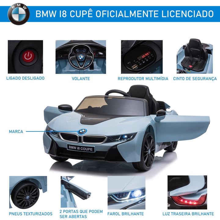 Carro elétrico BMW I8 COUPE com licença para crianças de +3 anos Bateria 6V Controle Remoto e Manual com Buzina Música MP3 e Faróis 115x72,5x46 cm Azul
