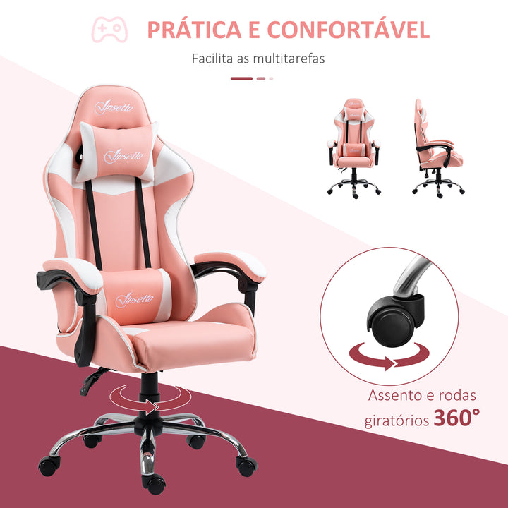 Vinsetto Cadeira Gaming Ergonômica Cadeira para Videojogos Reclinável com Altura Ajustável Apoio para a Cabeça e Almofada Lombar 63x67x122-130cm Rosa e Branco