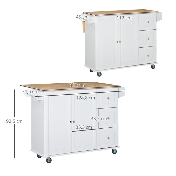Carrinho de Cozinha com Rodas Carrinho de Cozinha com Bancada Rebatível 3 Gavetas 1 Armário com Prateleira Interior Ajustável e Suporte para Temperos 128,8x75,5x92,5cm Branco e Natural