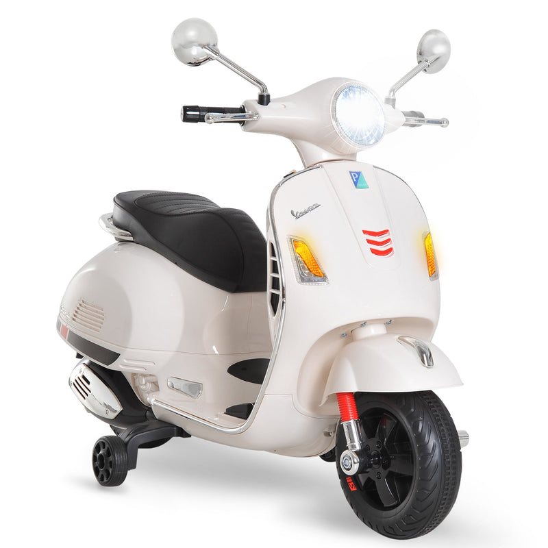 Mota elétrica vespa para crianças acima de 3 anos bateria 6V com musica faroie e rodas auxiliares Carga 25 kg branco