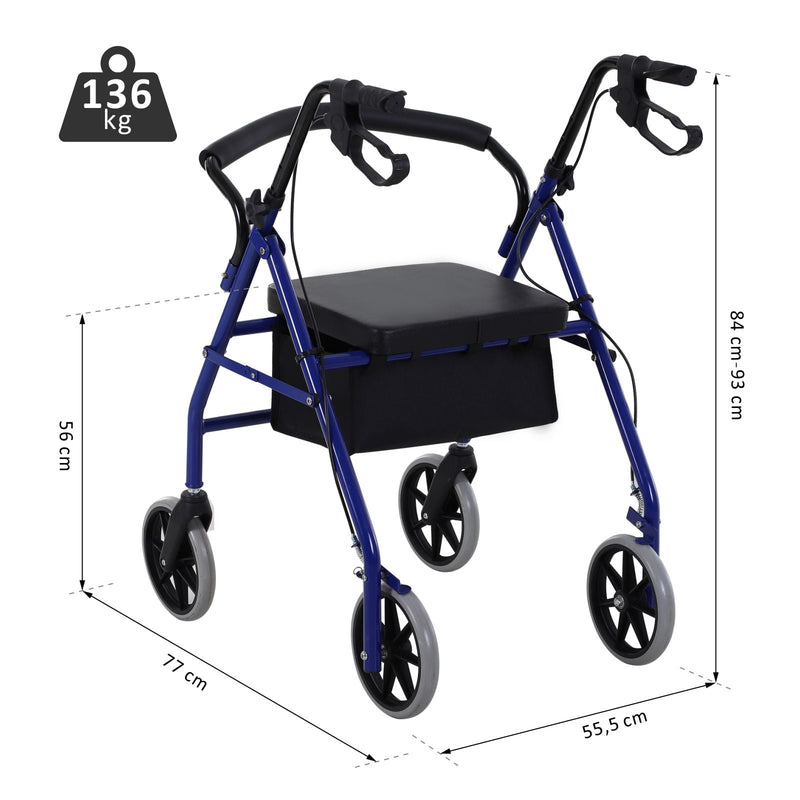 Andador adulto dobrável com freios e assento 77x55,5x84-93 cm