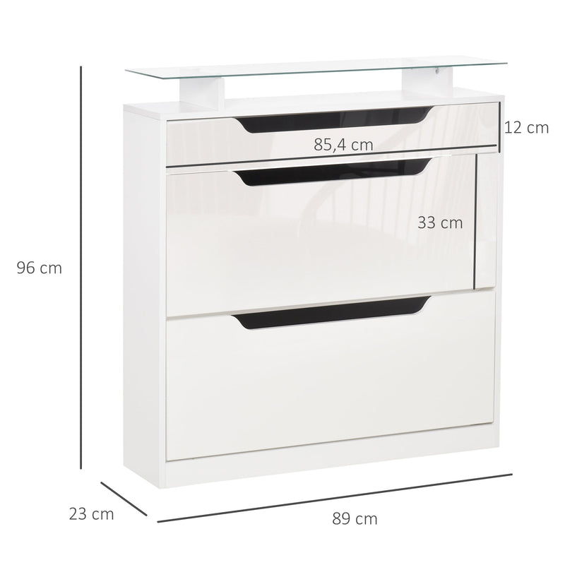 Móvel Sapateiro de 2 Portas Sapateiro Estreito para 16 Pares de Sapatos com Gaveta Prateleira Aberta e Bancada de Vidro para Corredor Entrada 89x23x96cm Branco