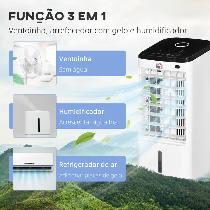 Climatizador Refrigerador de Ar Portátil 3,5 L 3 em 1 Climatizador Humidificador Ventoinha 65W Ecrã LED Controlo Remoto Temporizador Oscilação 3 Velocidades 3 Modos 24,5x27x60 cm Branco