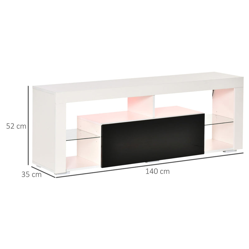 Móvel de TV para Sala de Estar com Iluminação LED 6 Modos de Cores Controle Remoto Gaveta e Prateleiras de Cristal Ajustáveis 140x35x52cm Preto e Branco Brilhante