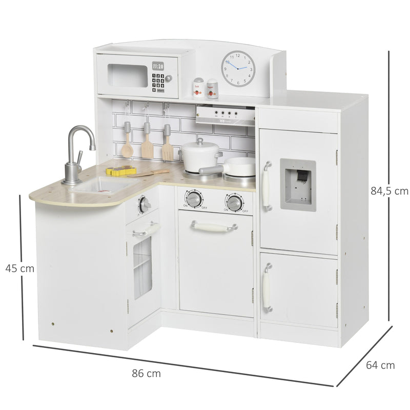 Cozinha de Brinquedo de Madeira para Crianças acima de 3 Anos Cozinha Infantil com Frigorífico Microondas Lavatório e 14 Acessórios 86x64x84,5cm Branco