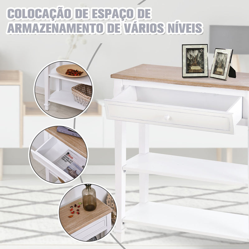 Mesa consola com 2 prateleiras 1 Gaveta Retro Removível 75,6x27,5x80,5 cm Branco