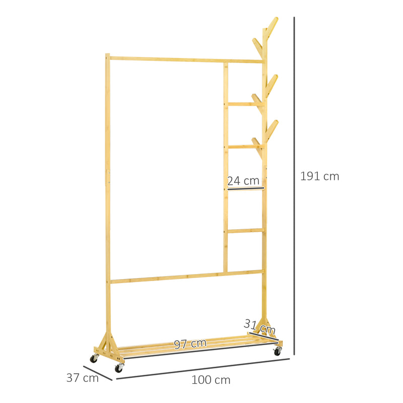 Suporte para Cabides de Bambu com Rodas Porta Cabides Multifuncional com 6 Ganchos Barra e Prateleira para Corredor Entrada Dormitório 100x37x191 cm Madeira