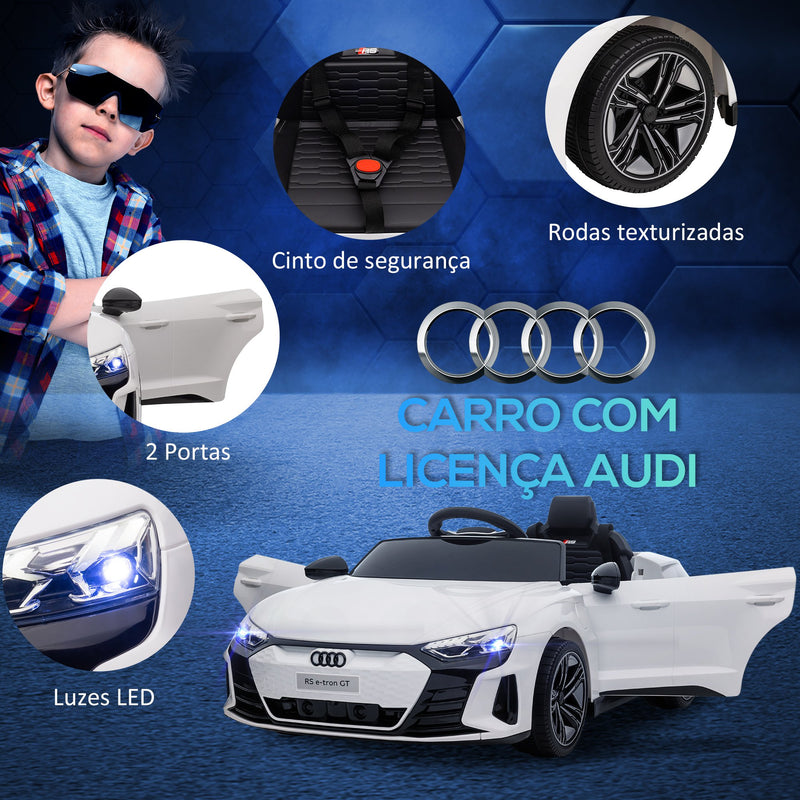 Carro Elétrico AUDI RS E-Tron GT para Crianças de 3-6 Anos Carro de Bateria 12V com 2 Motores Controlo Remoto Faróis LED Buzina Música USB e Abertura de Porta 3-5km/h 103x58x41cm Branco