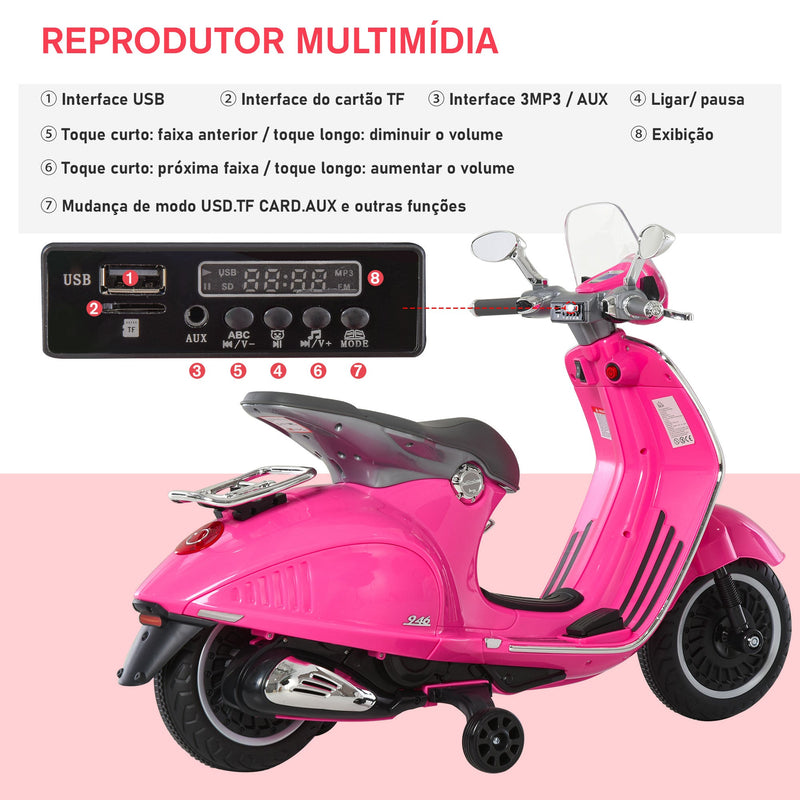 Mota elétrica Vespa para crianças acima de 3 anos com Faróis Música e 2 Rodas Auxiliares 108x49x75 cm Rosa