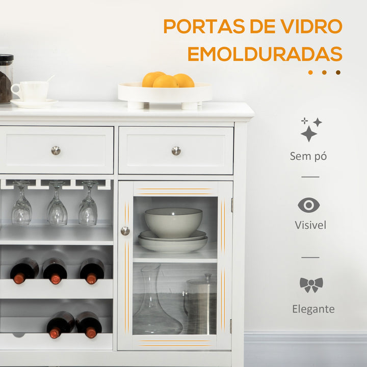 Aparador de Cozinha com 2 Portas de Vidro Suporte para 6 Garrafas e Suporte para 15 Taças Móvel Buffet para Sala de Jantar Sala de Estar Estilo Moderno Anti-Tombo 120x40x87cm Branco