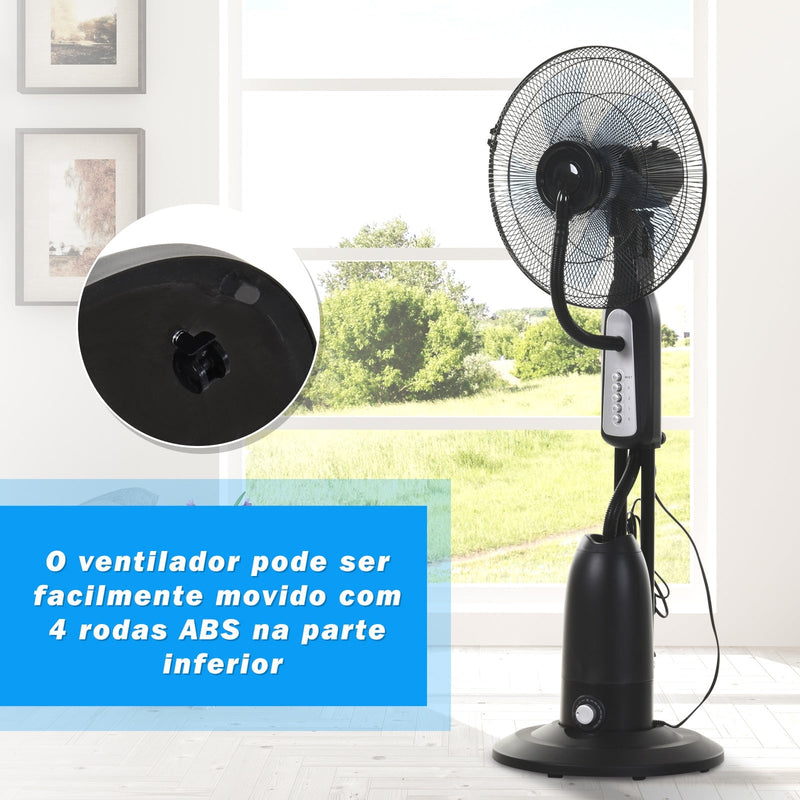 Ventilador de pé com nebulizador de água oscilante e silencioso com 3 velocidades potência 90W Tanque 2,8 L Ø44,5x120 cm Preto