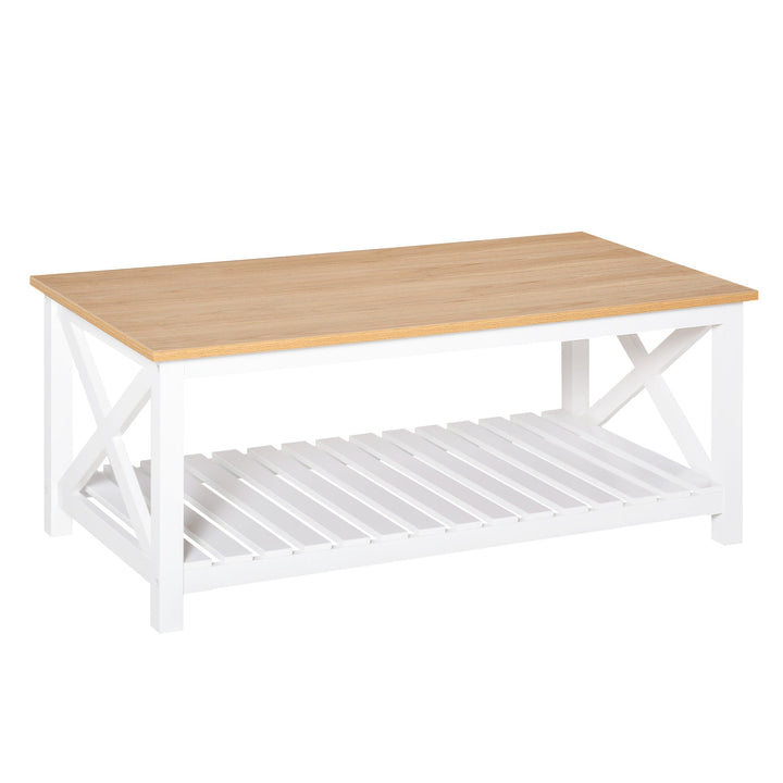 Mesa de Centro para Sala de Estar Mesa de Café com Prateleira de Armazenamento Inferior 116x60x48cm Madeira Natural e Branco