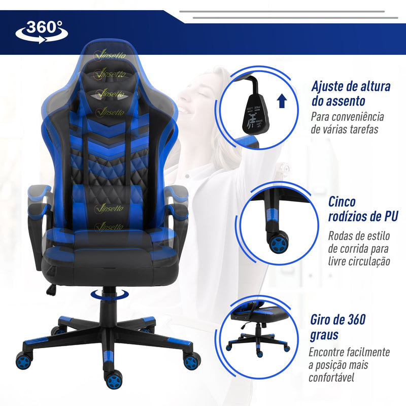 Cadeira ergonômica gaming de escritório Altura ajustável basculante com apoio de cabeça giratorio 61x70x121-129 azul