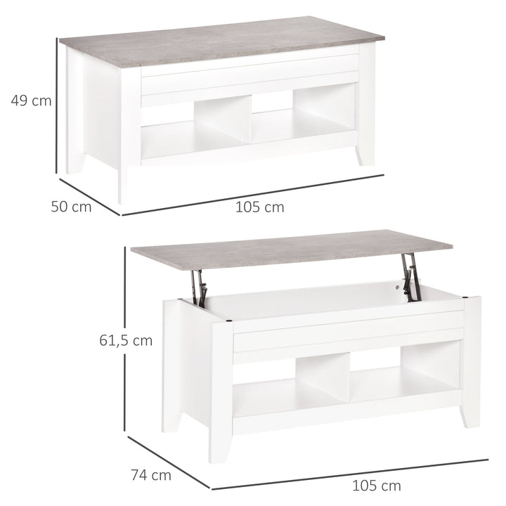 Mesa de Centro com Bancada Elevável Mesa de Centro com 2 Compartimentos Abertos Bancada de Imitação a Mármore Mesa Retangular para Sala de Estar 105x50x49cm Branco