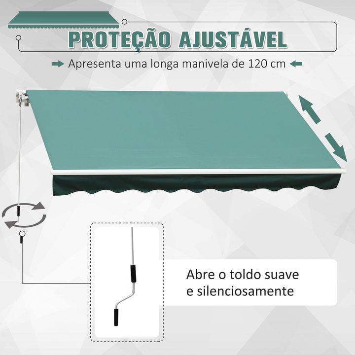 Toldo de Alumínio Manual Dobrável 395x245 cm com Manivela para Varanda Pátio Jardim e Terraço Tecido de Poliéster 280g m² - Verde Escuro