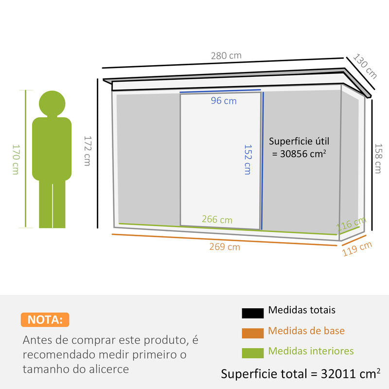 Abrigo de Jardim 280x130x172cm Abrigo de Exterior de Aço Galvanizado com Porta Corredeira e Ventilações para Armazenamento de Ferramentas Cinza Escuro