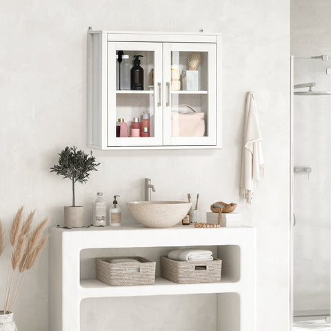 Armário Casa de Banho de Parede com 2 Portas de Vidro e Prateleira Ajustável Móvel Suspenso de Casa de Banho para Cozinha Dormitório Estilo Moderno 60x19,5x54cm Branco