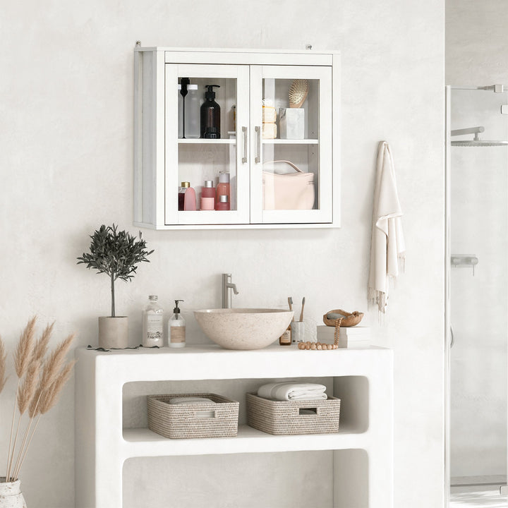 Armário Casa de Banho de Parede com 2 Portas de Vidro e Prateleira Ajustável Móvel Suspenso de Casa de Banho para Cozinha Dormitório Estilo Moderno 60x19,5x54cm Branco