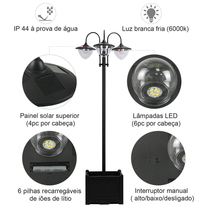 Candeeiro Solar de Jardim com 18 Luzes LED Branco Frio 6000K Impermeável IP44 Sensor de Noite e Base em Forma de Floreira Candeeiro de Exterior para Terraço Pátio 60x55x189cm Preto