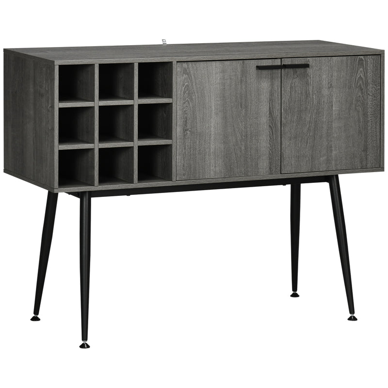 Aparador de Cozinha Móvel Buffet Auxiliar com 2 Portas Suporte para 9 Garrafas de Vinho e Pés de Metal para Sala de Estar Sala de Jantar 106,6x40x82cm Cinza e Preto