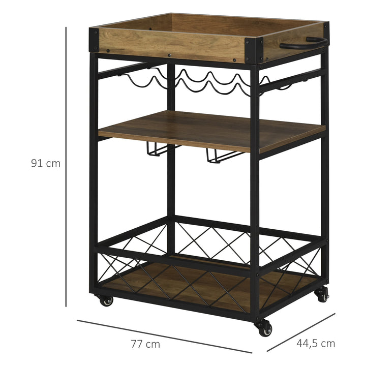 Carrinho de cozinha multifuncional com 3 prateleiras 77x44,5x91 cm Madeira rústica