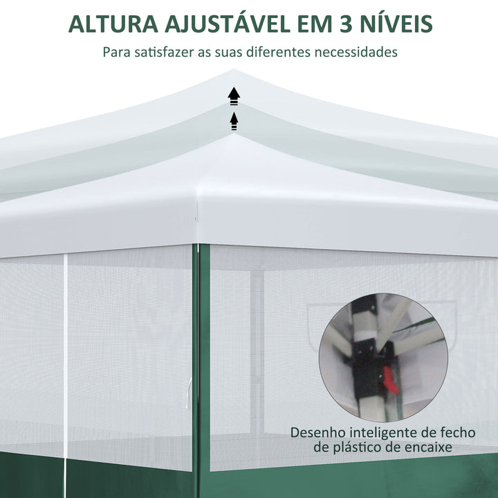 Tenda Dobrável 2,7x2,7cm Tenda de Jardim com Proteção UV30 Altura Ajustável em 3 Níveis 2 Janelas e Bolsa de Transporte para Pátio Varanda Branco e Verde