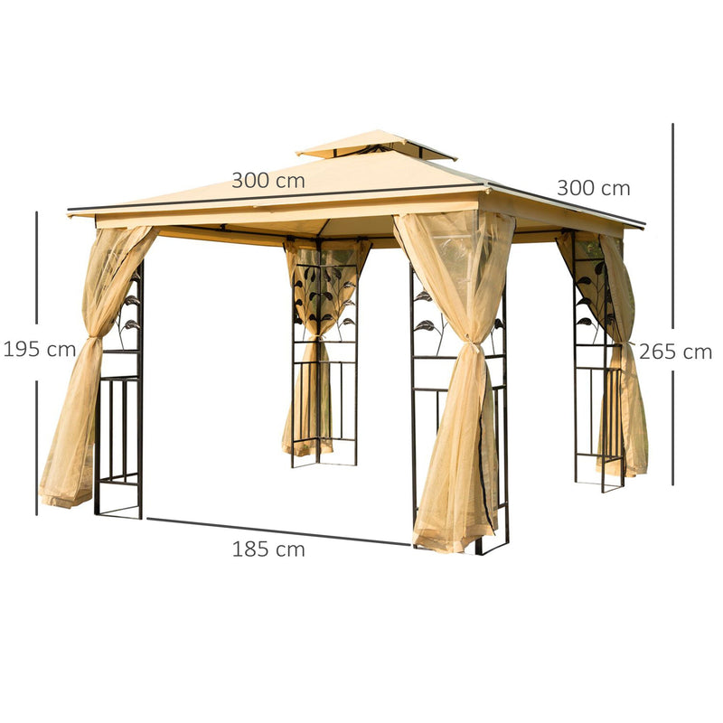 Pérgola ao ar livre 300x300x265cm com Rede Mosquiteira para Jardim Terraço com Espigões de solo Poliéster Aço Bege