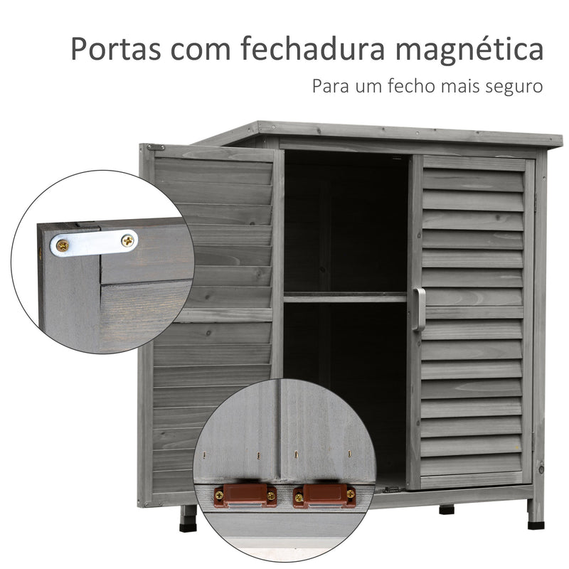 Armário de Armazenamento de Madeira para Jardim com 2 Prateleiras Interiores 2 Portas e Teto Inclinado para Exterior Terraço 87x46,5x96,5cm Cinza