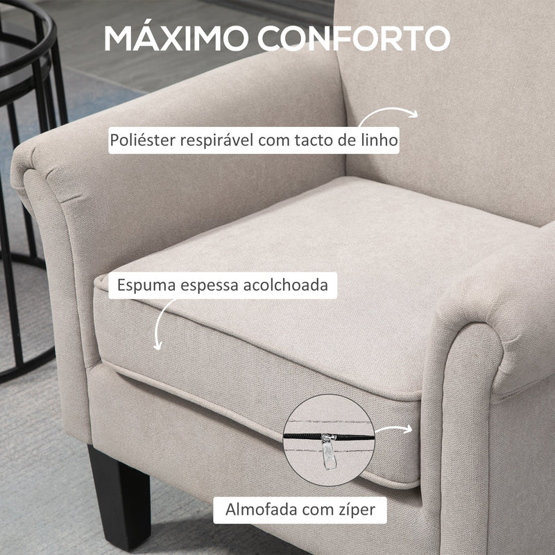 Poltrona Estofada em Tecido Poltrona Relax com Apoio para os Braços Assento Amovível e Lavável Pés de Madeira para Dormitório Estilo Moderno Carga 150kg 79x78x87cm Cinza