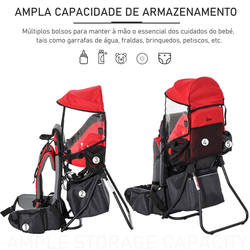 Mochila Porta Bebés Dobrável Mochila Porta Bebés Ergonómica com Capa Impermeável Base de Suporte e Múltiplos Bolsos para 6-36 Meses Carga Máxima 15kg 38x77x87,5cm Vermelho