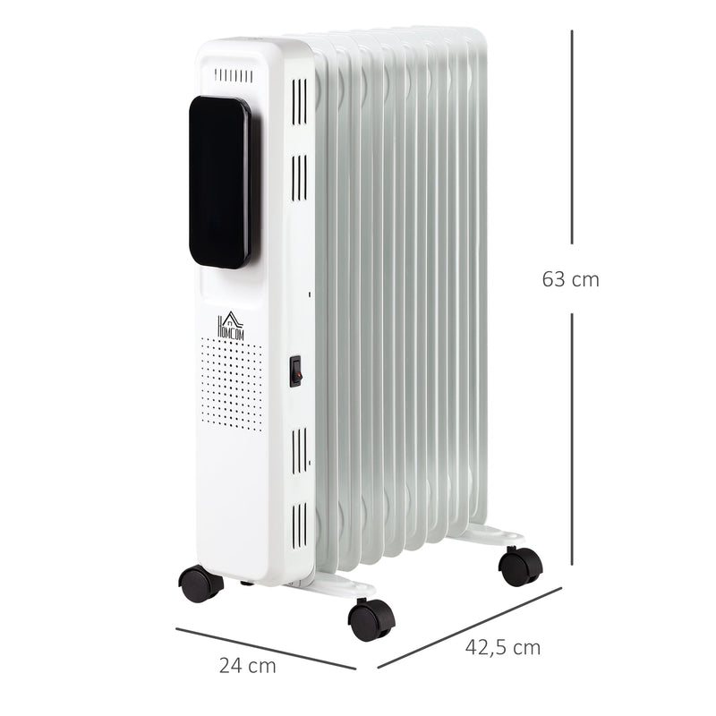 Radiador a Óleo 1830/2180W com 3 Modos de Aquecimento Tela LED Controle Tátil Termostato Temporizador 24H e Rodas Baixo Consumo para 20m² 42,5x24x63cm Branco